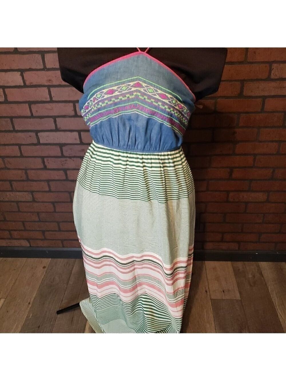 Flying Tomato Denim Embroidered Striped Maxi Dress